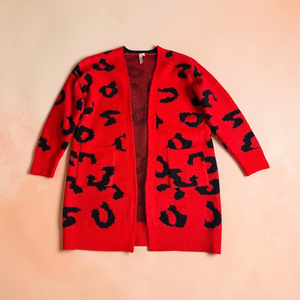 Now N Forever Red Black Leopard Print Open Front Cardigan Sweater Pockets S/M
